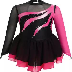 소녀 피겨 스케이팅 드레스 메탈릭 쉬어 모의 목 스 틴 리듬 체조 레오타드와 쉬폰 스커트