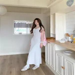 여자 프릴 레이스 카라 롱 원피스