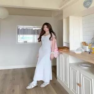 여자 프릴 레이스 카라 롱 원피스