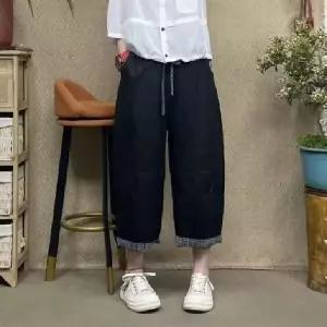 여자 팬츠 캐주얼 빈티지 여름 체크 끈 린넨 얇은 배색 9부 MF2