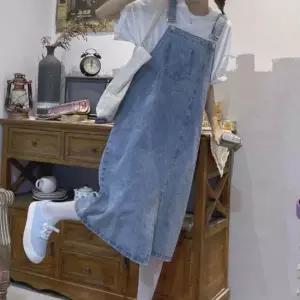 여성 유니크 데일리룩 청 데님 멜빵치마 멜빵스커트