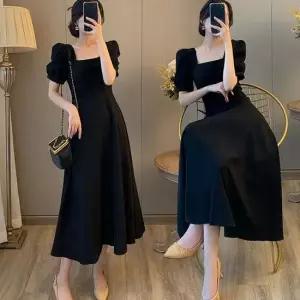 여성 벌룬 소매 A라인 블랙 롱 원피스 롱치마 스퀘어넥 긴치마