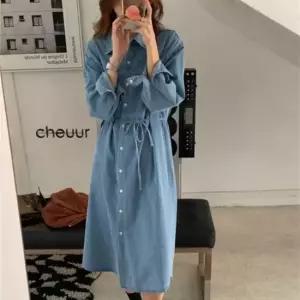 옷자락 여자 루즈핏 허리스트링 카라 버튼 데님 롱원피스
