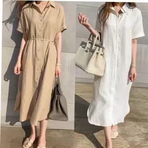 체크원피스 흰색원피스 린넨 반팔 롱셔츠 휴양지원피스