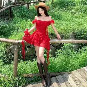 여사친 원피스 치마 레드 어깨 초원 일자 소매 예쁜 쉬폰 바캉스 해변 스포M1