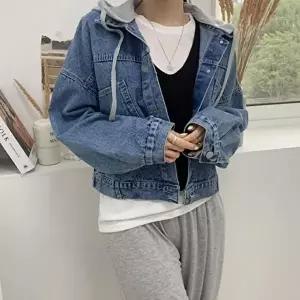 [옷자락]여자 크롭 기장 루즈핏 배색 후드 데님 자켓