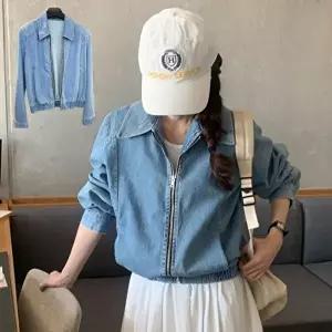[옷자락]여자 데일리 캐주얼 세련된 루즈핏 지퍼 데님 자켓