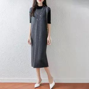 여친 스커트 원피스 니트 오는 순색 순모 무릎까지 세련도도녀 스웨터 라운드 민소매 조끼 OOTD1