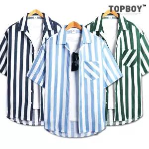 [탑보이] 오버핏 굵은 스트라이프 캐주얼 반팔셔츠 (MN480)