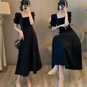 여성 벌룬 소매 A라인 블랙 롱 원피스 롱치마 스퀘어넥 긴치마