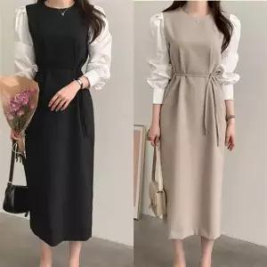 H라인 원피스 소매배색 허리스트링 뒷지퍼 뒷트임
