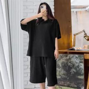 [네오쿠비카 빅사이즈][네오쿠비카]쿨 셔링 카라 반팔티 7부팬츠 세트MZ124