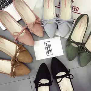 여자 데일리 간절기 스웨이드 뾰족코 리본 플랫슈즈