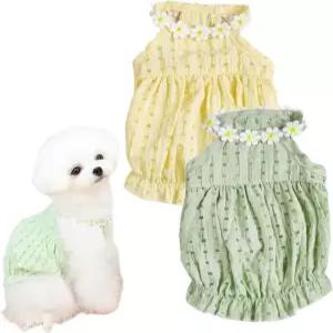 2PCS 반려견 드레스 세트 반려견용 선명한 그린 & 옐로우 통기성 원단 화이트 플라워 디테일 편안한 신축성 허리 밴드 중소형 품종용 여름 반려동물 의류(2PCS A 2PCS A