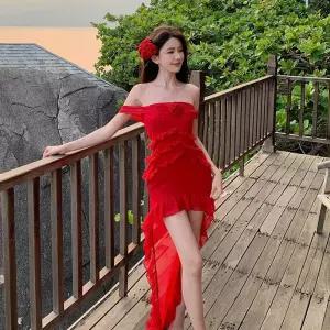 원피스 레드 흰색 롱 여름 스노우 쉬폰 휴양지 여자원피스 원템2