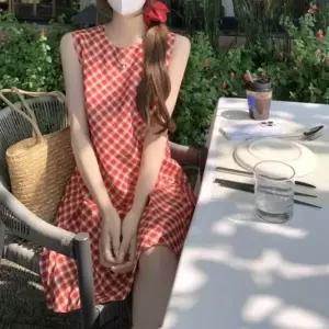 [옷자락]여자 시원한 여름 데일리 체크 민소매 원피스