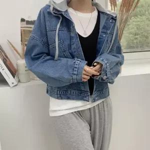 여자 크롭 기장 루즈핏 배색 후드 데님 자켓