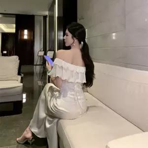 스트레인지 여성용 원피스 여름 데일리룩 쉬폰 프렌치 일자 어깨 풍백 히프 머메이드 롱스커트 KUK2