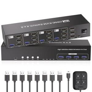 USB 3.0 HDMI KVM 스위치 3 모니터 4대, USB 3.0 허브 4포트, 8K@60Hz 4K@120Hz 4포트 HDMI KVM 스위치 4대, 키보드, 마우스, 모니터 1세트 공유