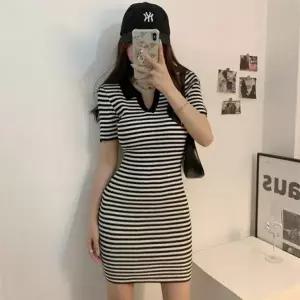 [하프클럽/]여자 여름 카라 단가라 니트 반팔 미니 원피스