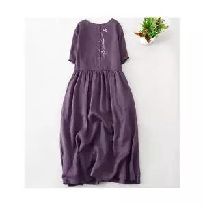 바바라옷장 250921 - 퍼플 자수 린넨면롱원피스 루즈핏 빅사이즈 여름원피스 린넨원피스 면원피스 40대 50