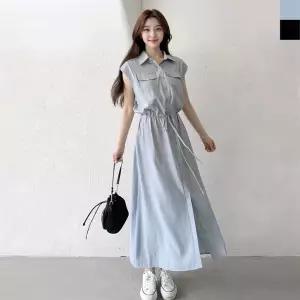 여자 시원한 여름 민소매 카라 포켓 롱원피스