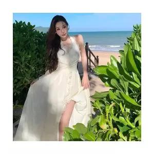 치마 원피스 여성 홀터넥 밑단 빅 브이넥 쉬폰 선녀 트임 해변 바캉스 CH1