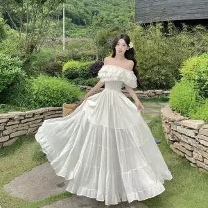 여성용 쉬폰 원피스 오프숄더 여름 해변 바캉스룩 롱스커트 CH2