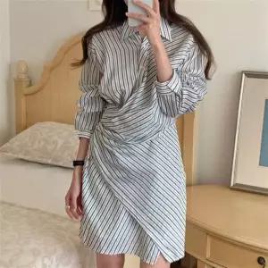 스트라이프 랩 셔츠 원피스 허리핀턱 H라인 원피스 사이드지퍼 2030