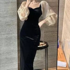 시스루 퍼프소매 벨벳 머메이드 롱원피스