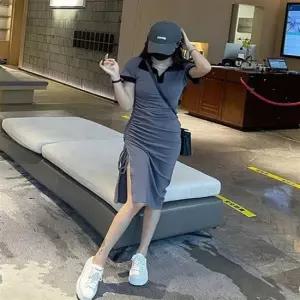 옆라인 셔링 예쁜 여자 배색 카라 반팔 롱원피스