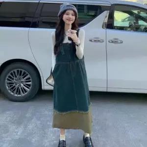 멜빵스커트 빈티지 데님 배색 멜빵 원피스 LL-D131