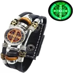 925 스털링 실버 남성용 샌 베니토 팔찌 - 야광 세인트 베네딕트 가죽 가톨릭 스냅 버튼 뱅글스 다층 손목