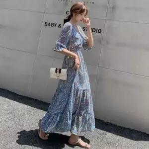 블루 플라워 반팔 플레어 롱 원피스 여름 캐주얼 데일리