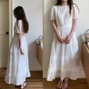 플레어 원피스 캉캉 프릴 롱원피스 라운드넥 어깨셔링 소매끝 밴딩 사이드 스트링 뒷지퍼