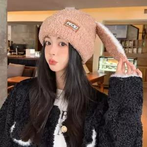 PECK 토끼 귀 비니 모자 래빗 털 모자 겨울 털실 모자 스키장 여성 학생 여자 퍼