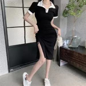 반팔 여자 배색 옆라인 카라 롱원피스 예쁜 셔링