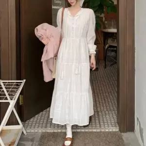 A라인 캉캉 원피스 브이 자수 여리핏 원피스 브이트임 소매 밴딩프릴 뒷지퍼 수술 스트링