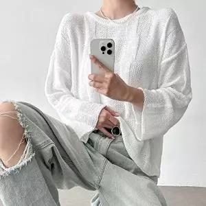 [옷자락][클리어런스]파스텔 오버핏 패턴 나팔긴팔 여름 루즈핏 니트_5