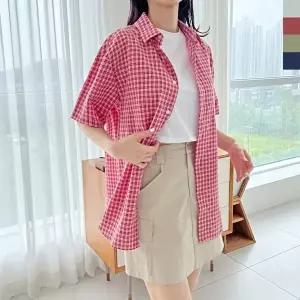 [옷자락]여자 시원한 시어서커 여름 체크 반팔 셔츠