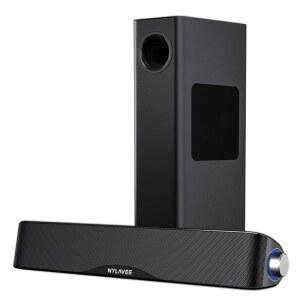 서브우퍼가 장착된 Nylavee 컴퓨터 스피커, 블루투스 5.4 및 3.5mm 보조 기능이 있는 2.1 PC 스피커 시스템, 60W 피크 전원, 데스크톱 PC, 노트북, 모니터, 게임용 AC 어댑터 기반 컴퓨터 사운드