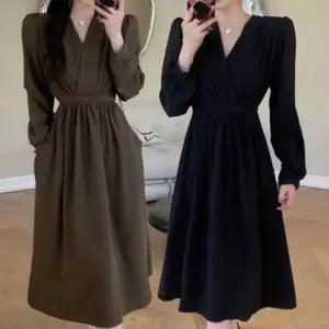 2컬러 우아한 A라인 실루엣 사이드포켓 롱원피스