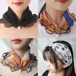 여성 스카프 진주 꽃무늬 목주름 망사 목스카프 쁘띠 40대 간절기