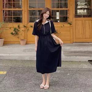 핫핑 [데일리/러블리] 벨럽 배색 세일러카라 반집업 포켓 스트링 롱원피스