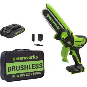 Greenworks Trubrushless 24V 6 인치 스톰 청소, 전정, 캠핑에 적합한 도구 가방이 있는 미니 전기톱