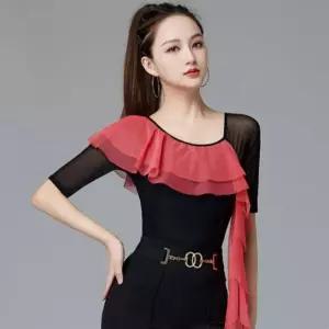 라인댄스복 프릴 반팔 상의 시스루 라틴 왈츠