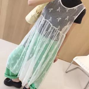 미소리본 매듭 끈 시스루 도트 레이어드 민소매 롱 여름 원피스 (2color)