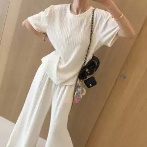 투데이 라운드 양셔링 반팔티 밴딩 와이드팬츠 플리츠 링클프리 여름 투피스세트 (5color)