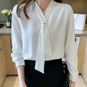 브이넥 스트링 타이 블라우스 페미닌 면접 직장인 여성블라우스