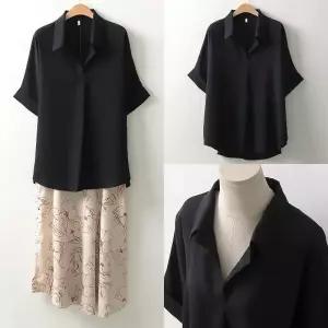 여성 오픈 V넥 빅사이즈 모임룩 반소매 롤업 블라우스_5